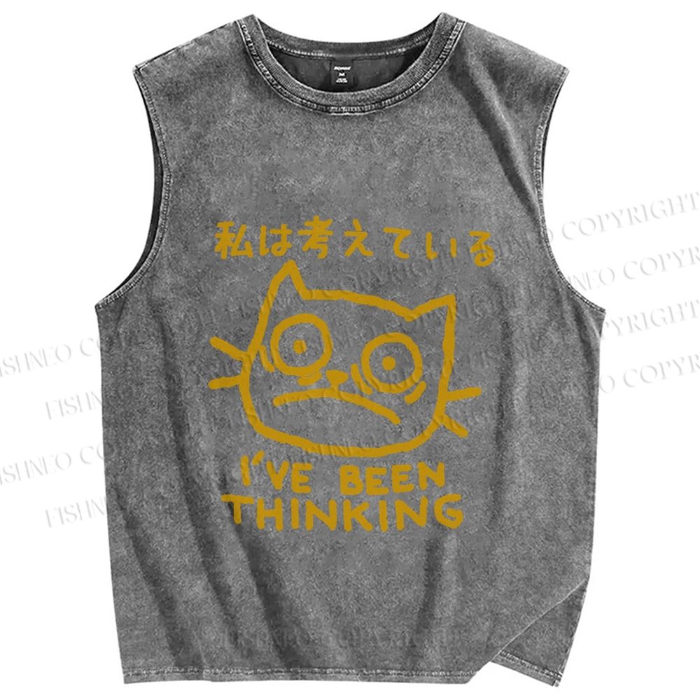 Unisex Vintage Cat Have Been Thinking Printed Washed Tank Top