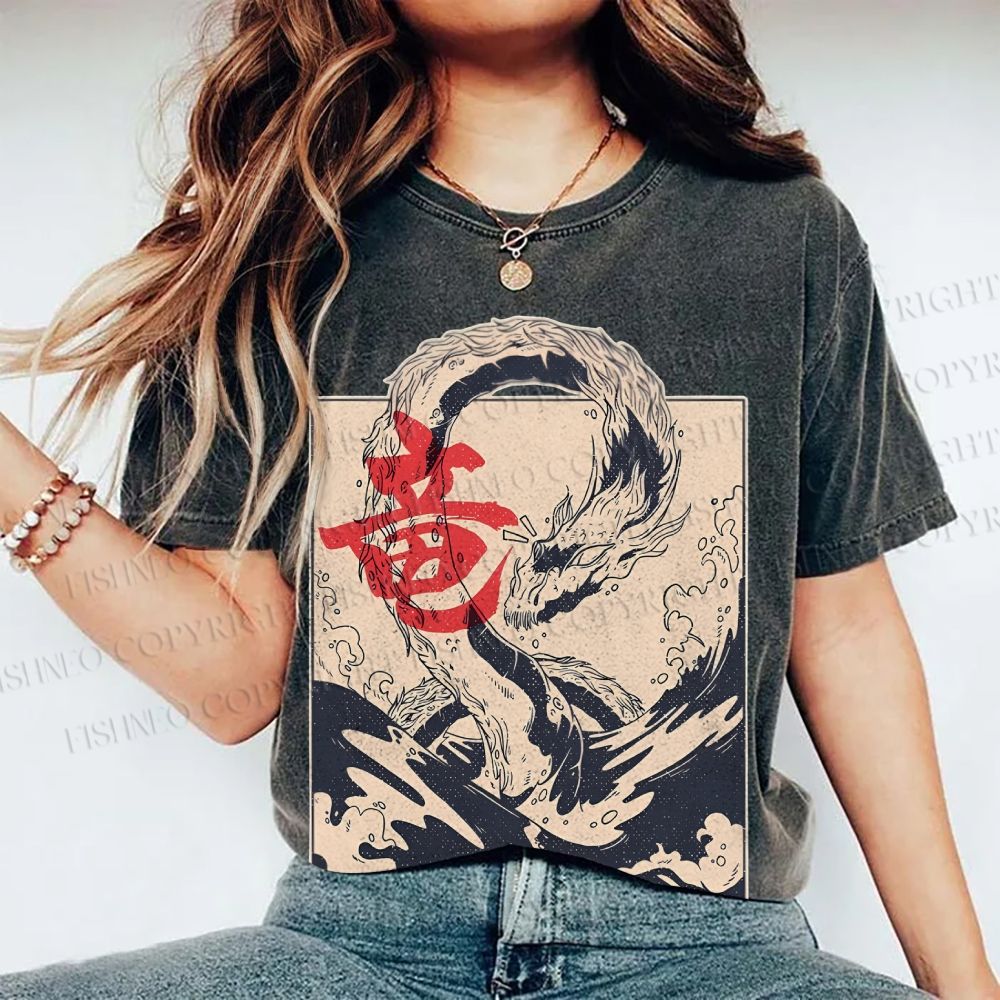 Unisex Japanese Dragon Vintage Printed Washed Tee