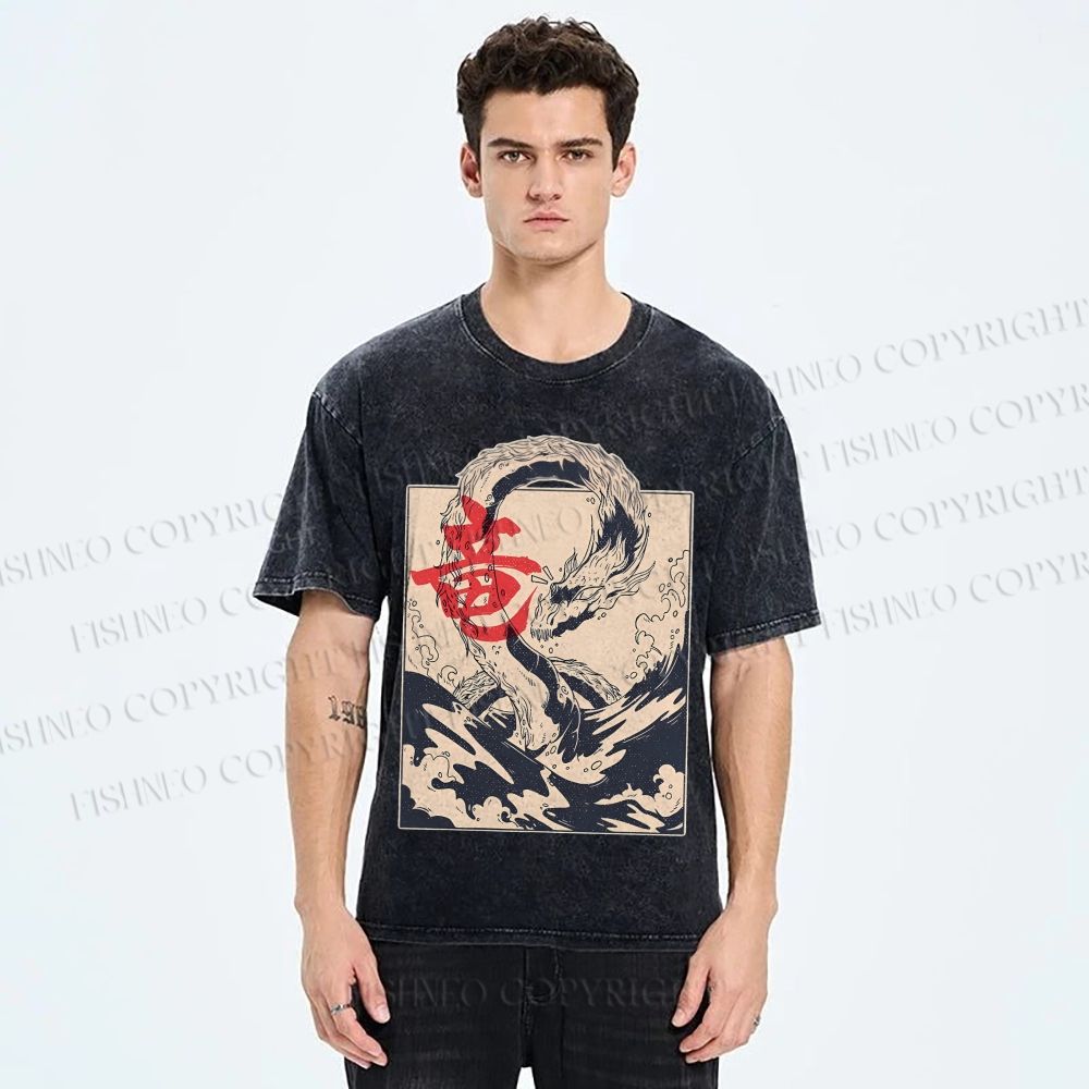 Unisex Japanese Dragon Vintage Printed Washed Tee