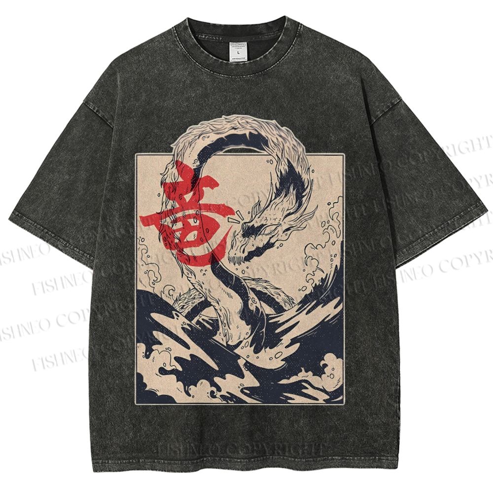 Unisex Japanese Dragon Vintage Printed Washed Tee