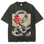 Unisex Japanese Dragon Vintage Printed Washed Tee