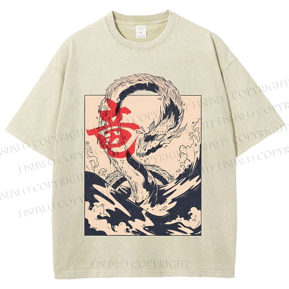 Unisex Japanese Dragon Vintage Printed Washed Tee