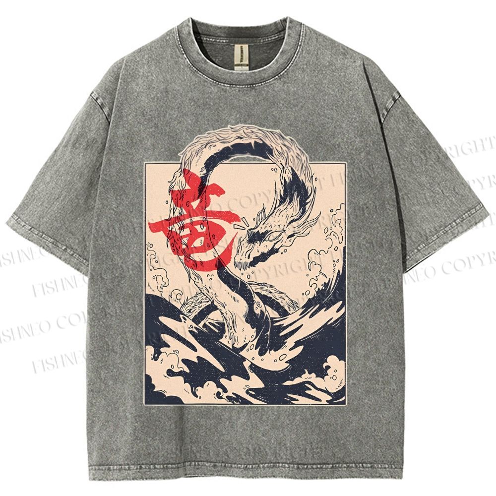 Unisex Japanese Dragon Vintage Printed Washed Tee