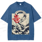 Unisex Japanese Dragon Vintage Printed Washed Tee