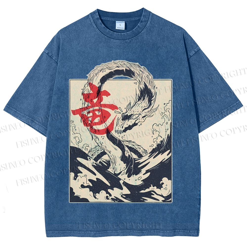 Unisex Japanese Dragon Vintage Printed Washed Tee