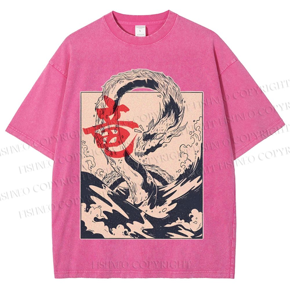 Unisex Japanese Dragon Vintage Printed Washed Tee