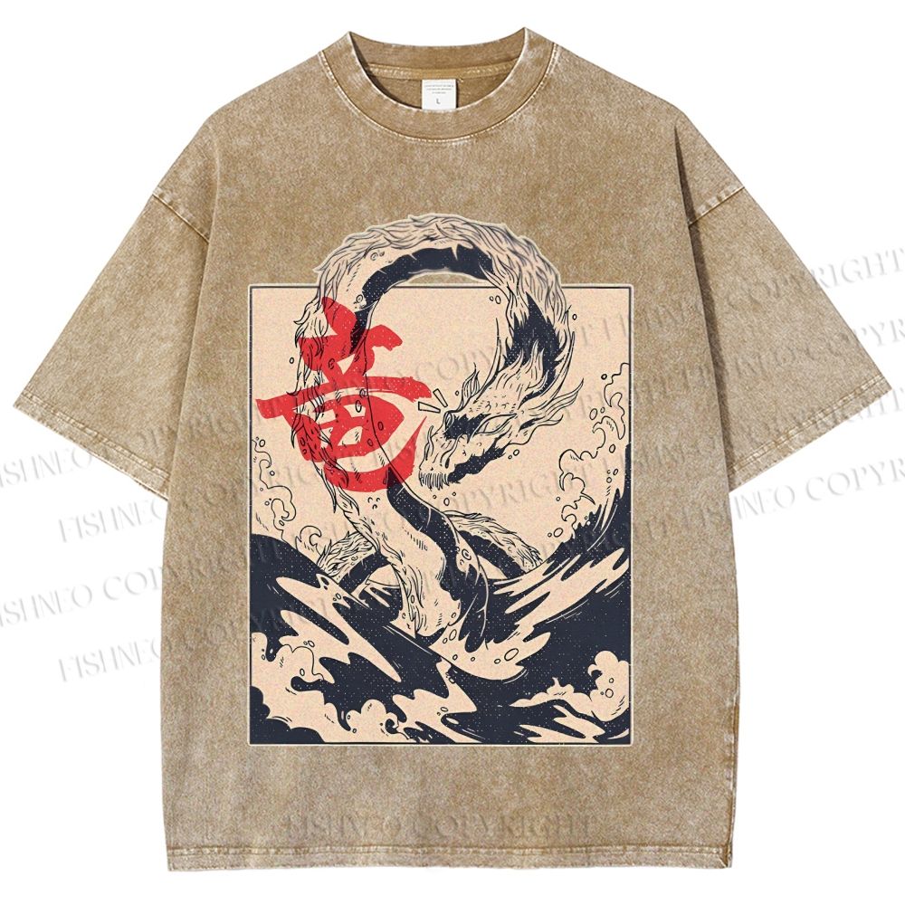 Unisex Japanese Dragon Vintage Printed Washed Tee