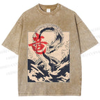 Unisex Japanese Dragon Vintage Printed Washed Tee
