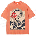 Unisex Japanese Dragon Vintage Printed Washed Tee
