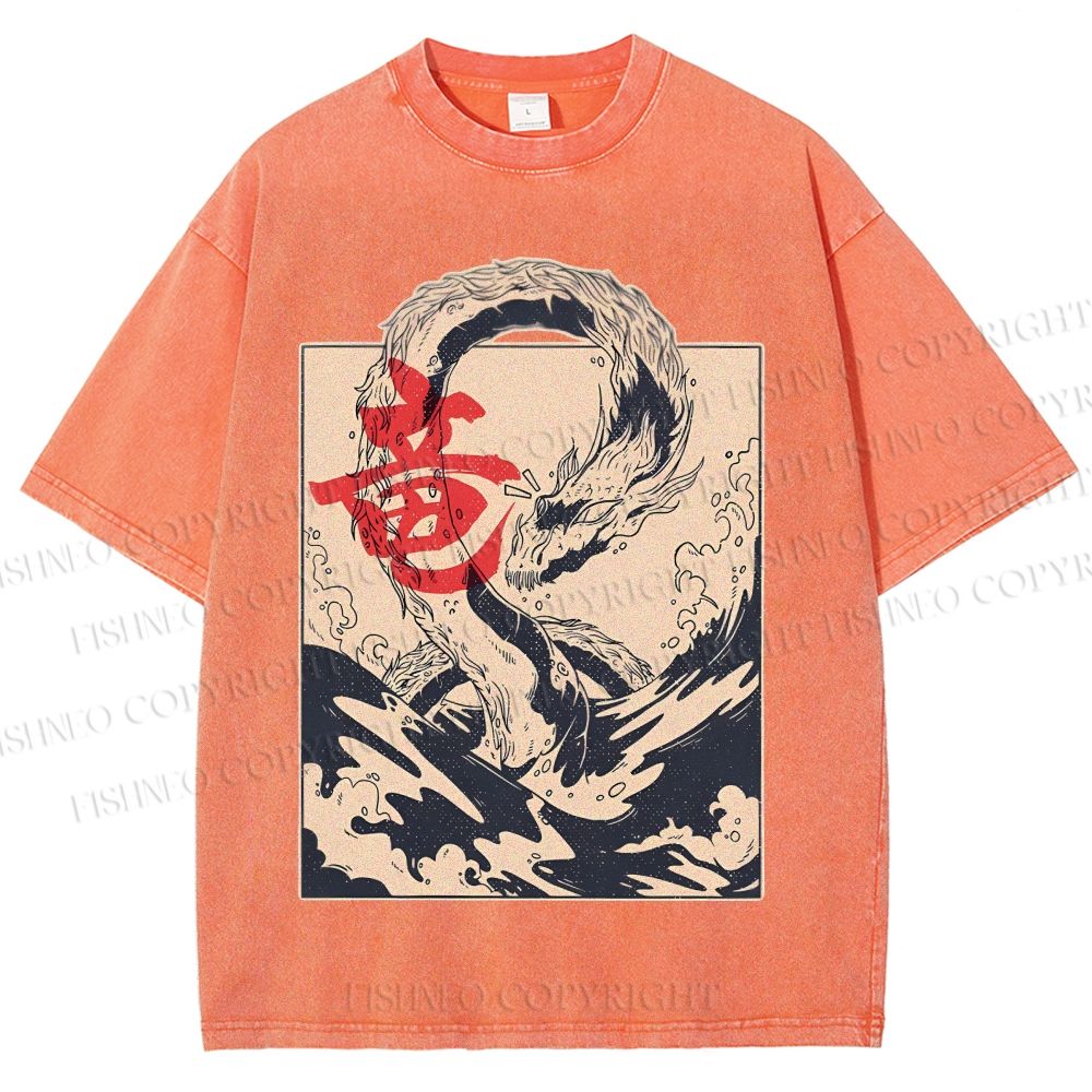 Unisex Japanese Dragon Vintage Printed Washed Tee