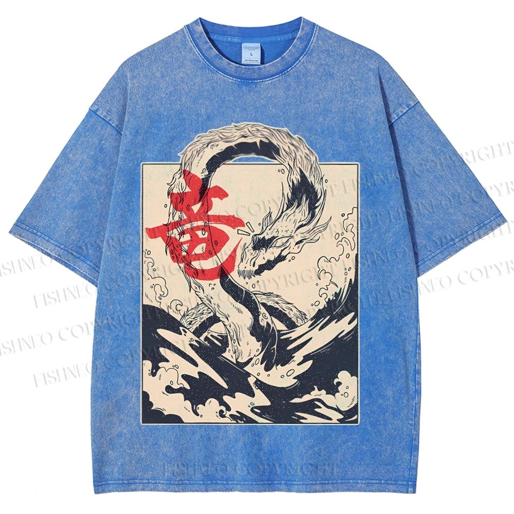 Unisex Japanese Dragon Vintage Printed Washed Tee