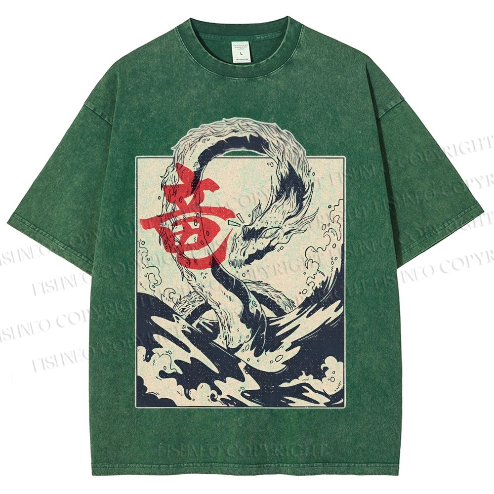 Unisex Japanese Dragon Vintage Printed Washed Tee