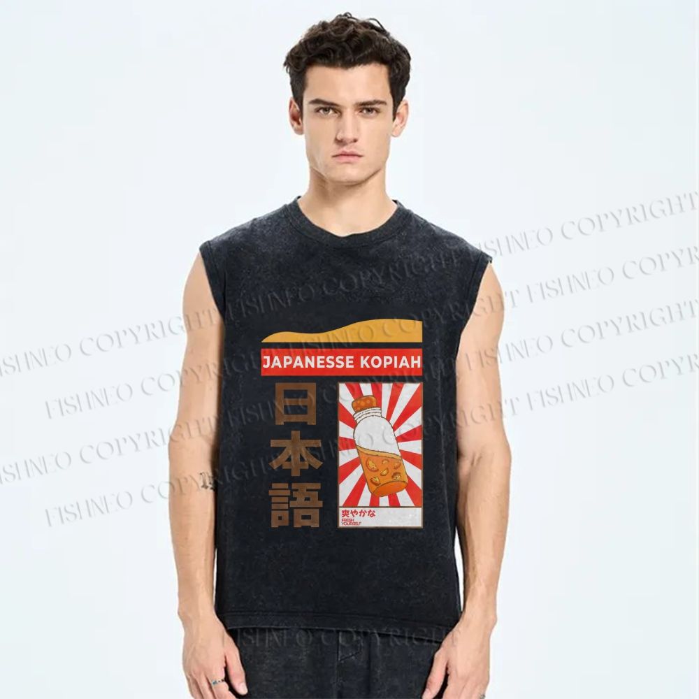 Unisex Japanesse Kopiah Printed Washed Tank Top