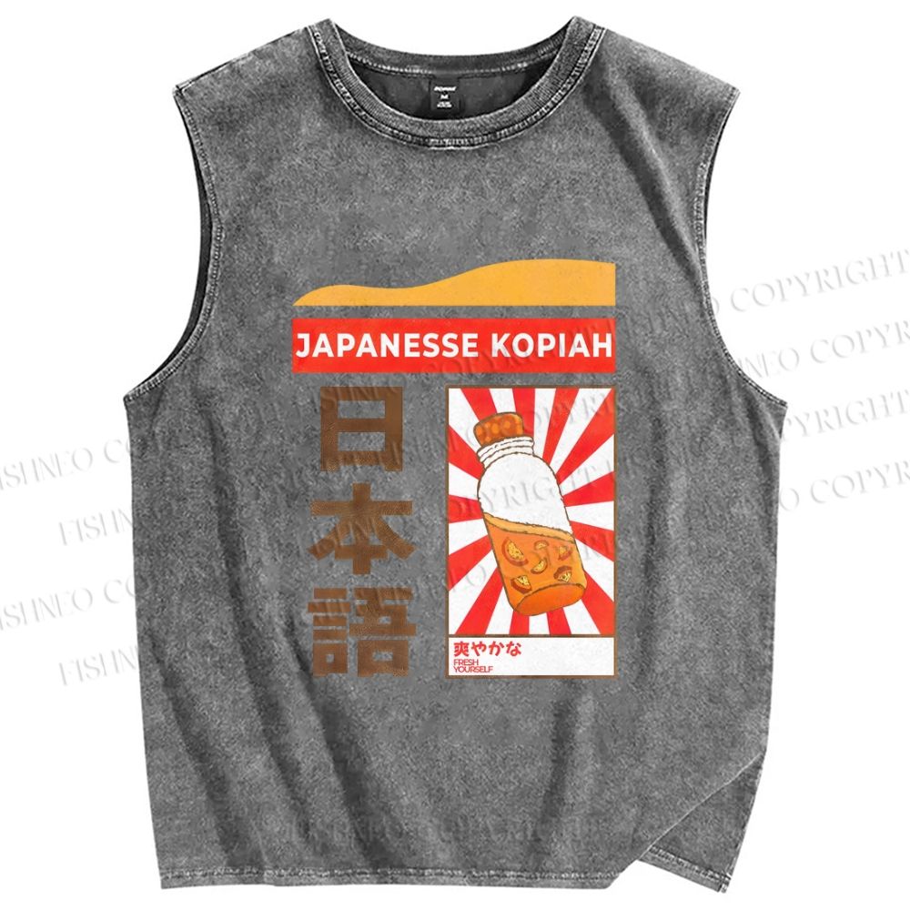 Unisex Japanesse Kopiah Printed Washed Tank Top