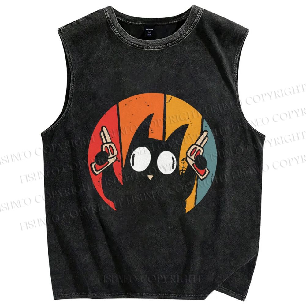 Unisex Stupid Cat Pew Pew Printed Washed Tank Top