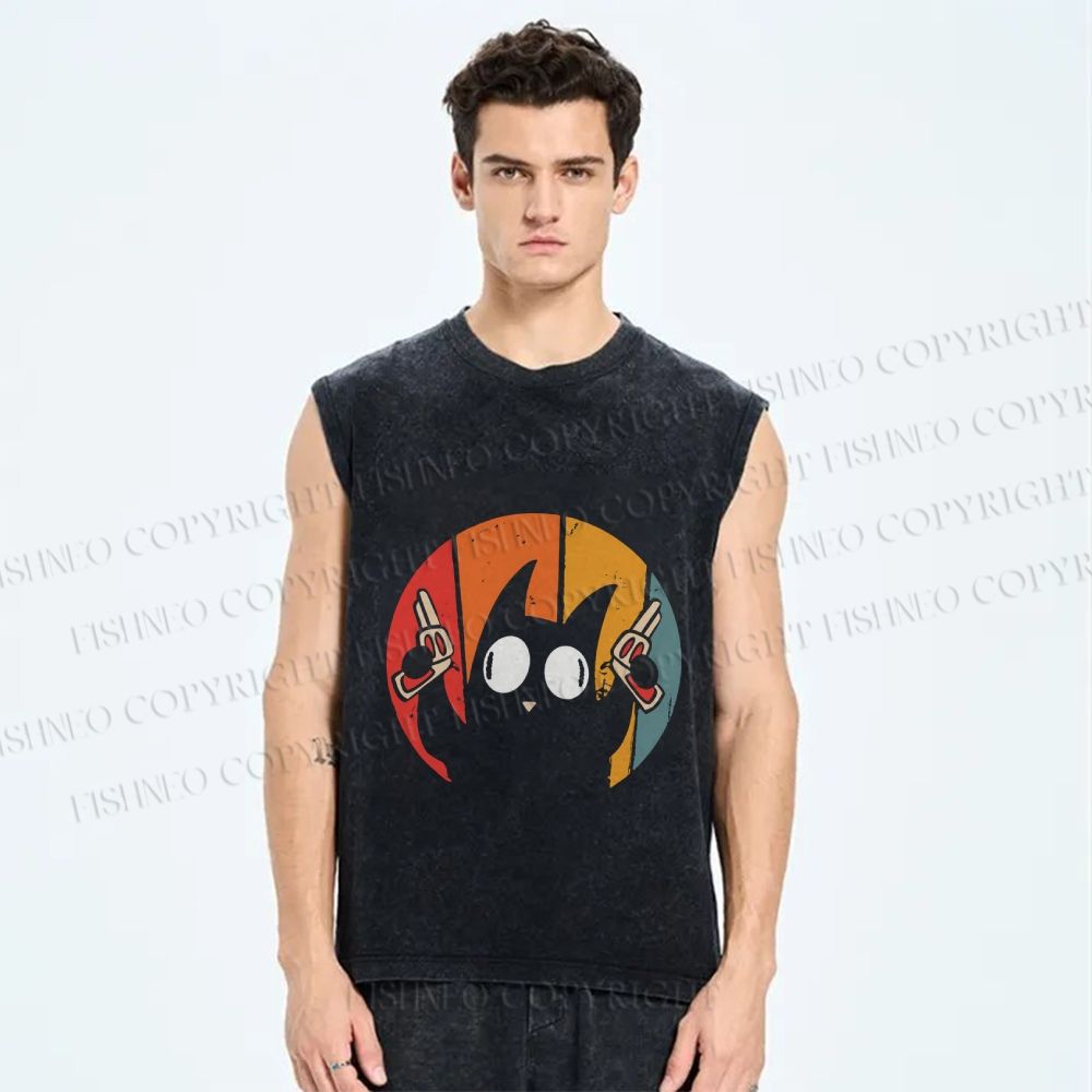 Unisex Stupid Cat Pew Pew Printed Washed Tank Top