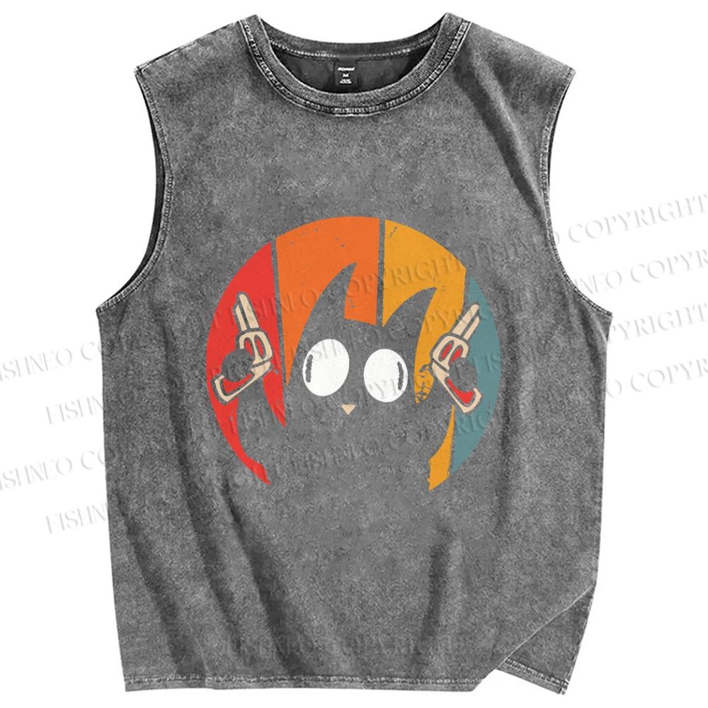 Unisex Stupid Cat Pew Pew Printed Washed Tank Top