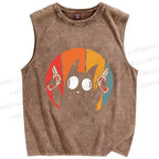 Unisex Stupid Cat Pew Pew Printed Washed Tank Top