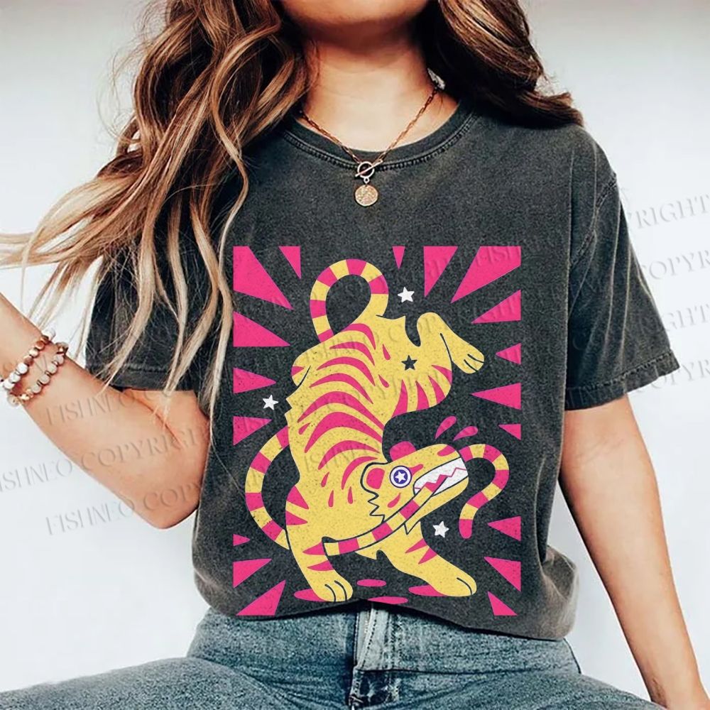 Unisex Cartoon Tiger Printed Washed Tee