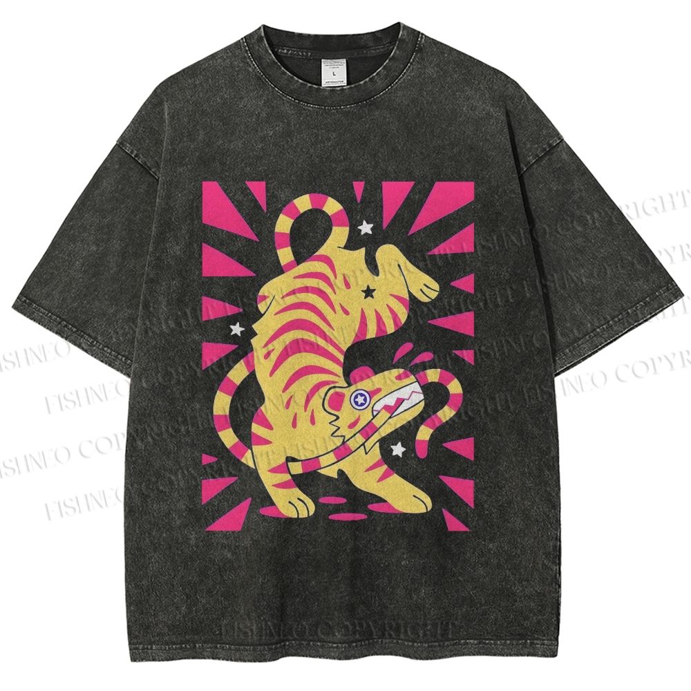 Unisex Cartoon Tiger Printed Washed Tee