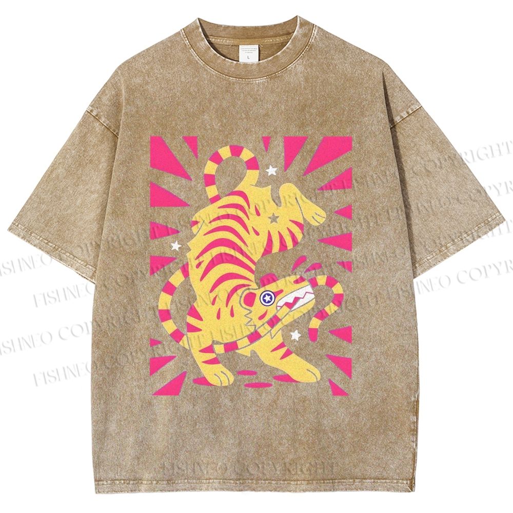 Unisex Cartoon Tiger Printed Washed Tee