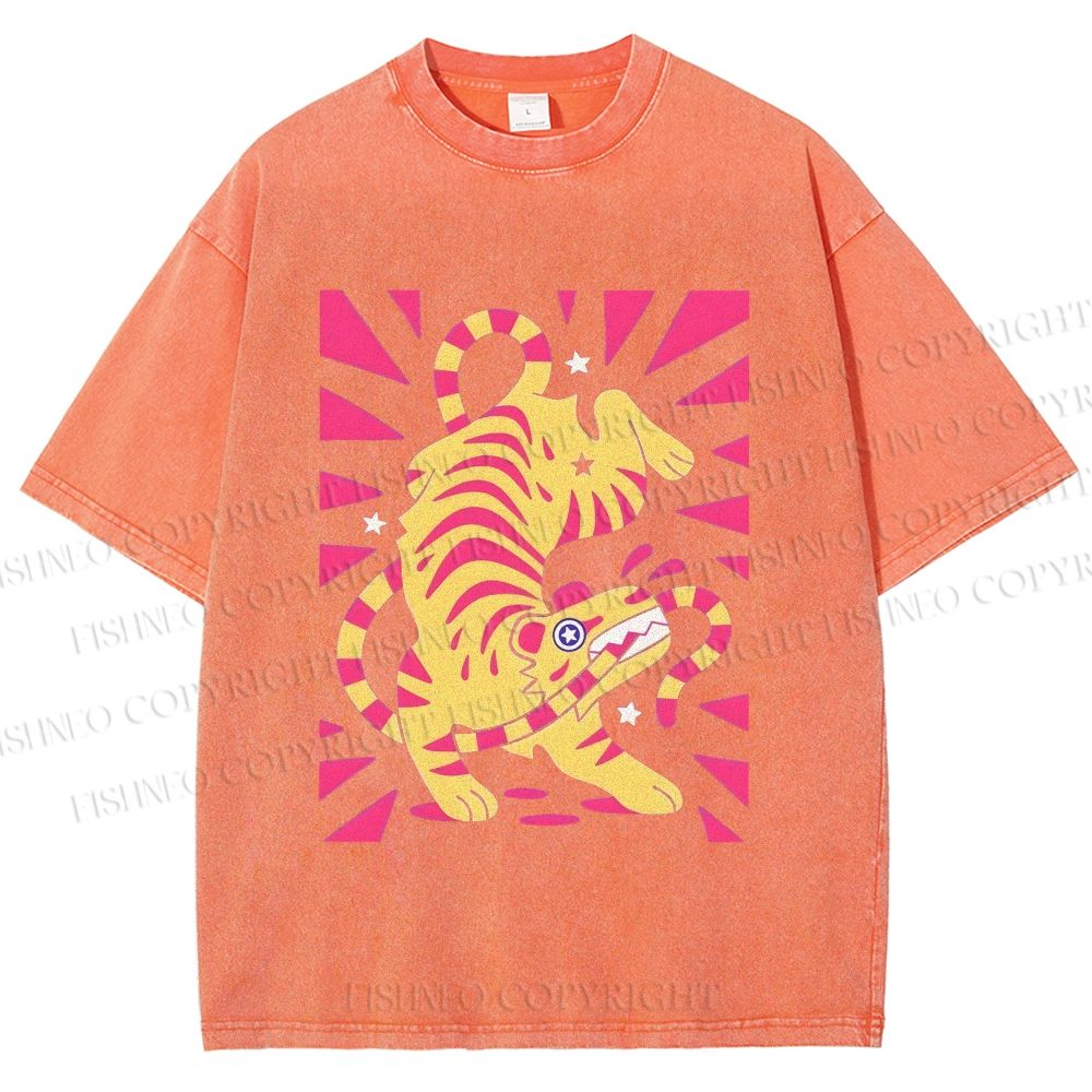 Unisex Cartoon Tiger Printed Washed Tee