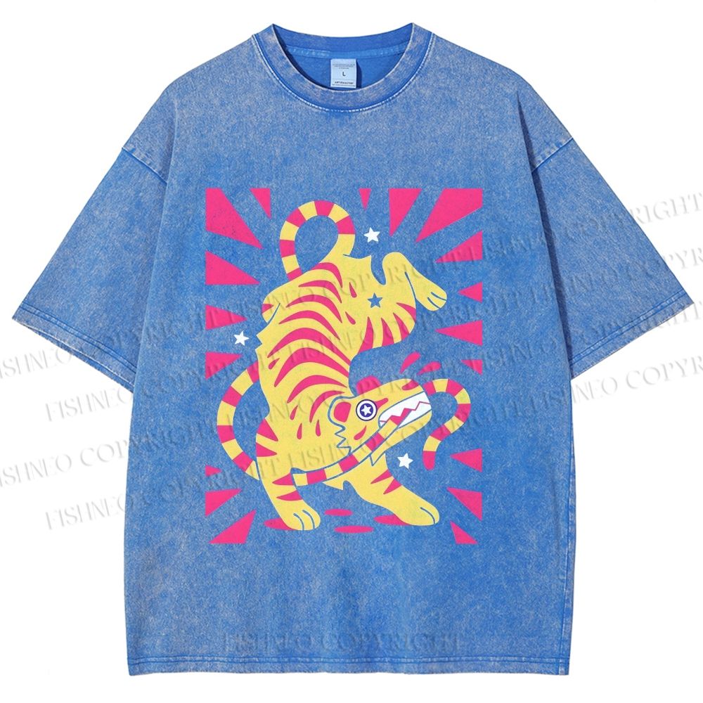 Unisex Cartoon Tiger Printed Washed Tee