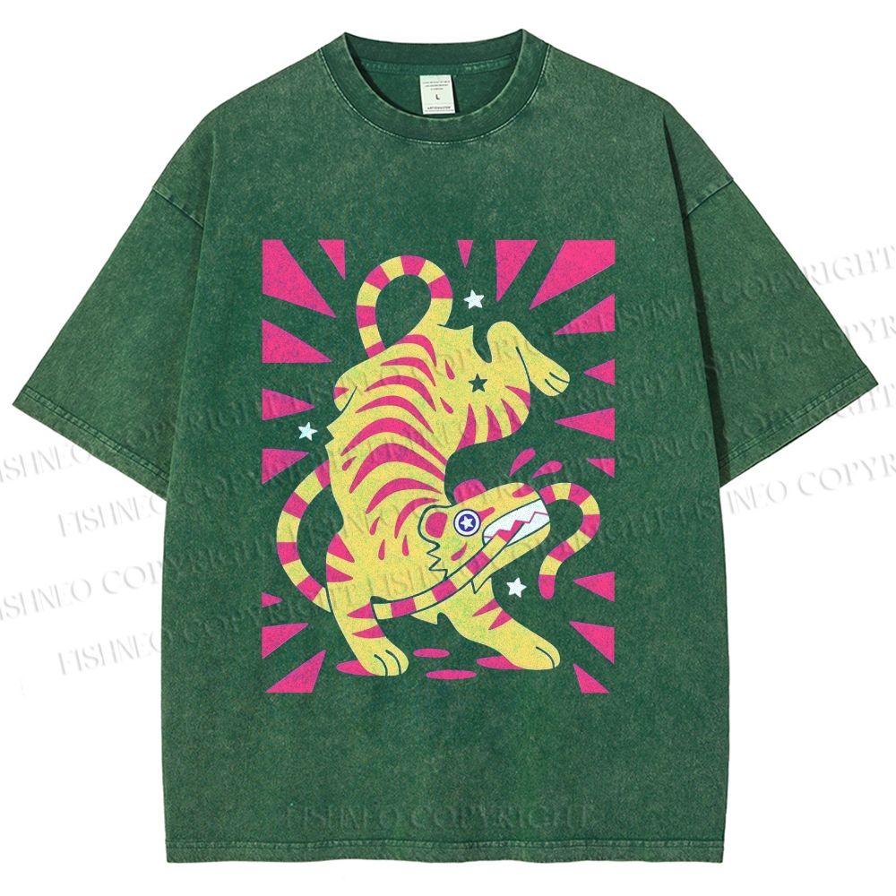 Unisex Cartoon Tiger Printed Washed Tee