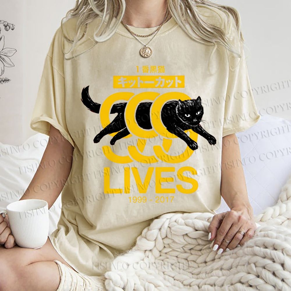 Unisex Black Cat Printed Washed Tee