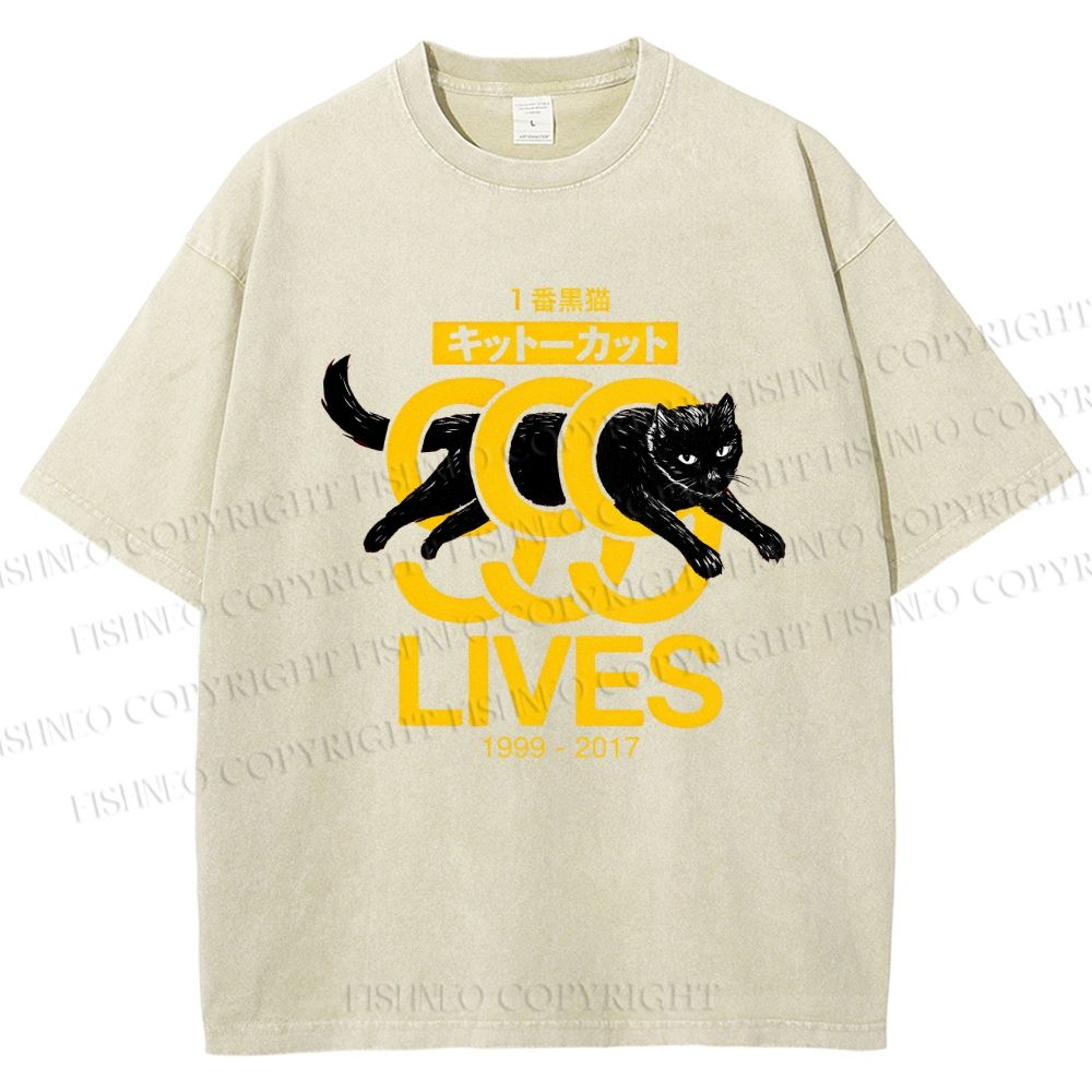 Unisex Black Cat Printed Washed Tee