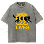 Unisex Black Cat Printed Washed Tee