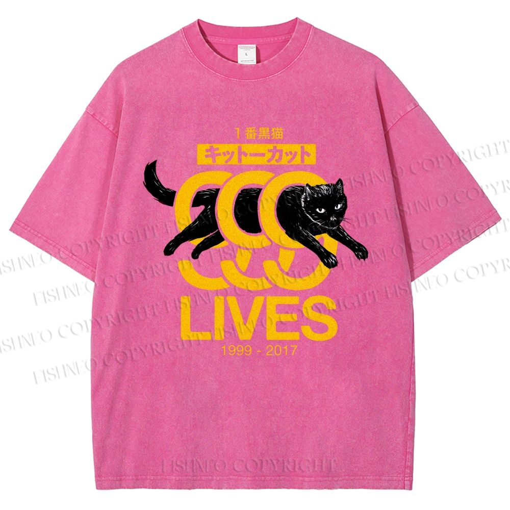 Unisex Black Cat Printed Washed Tee