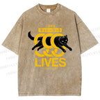 Unisex Black Cat Printed Washed Tee