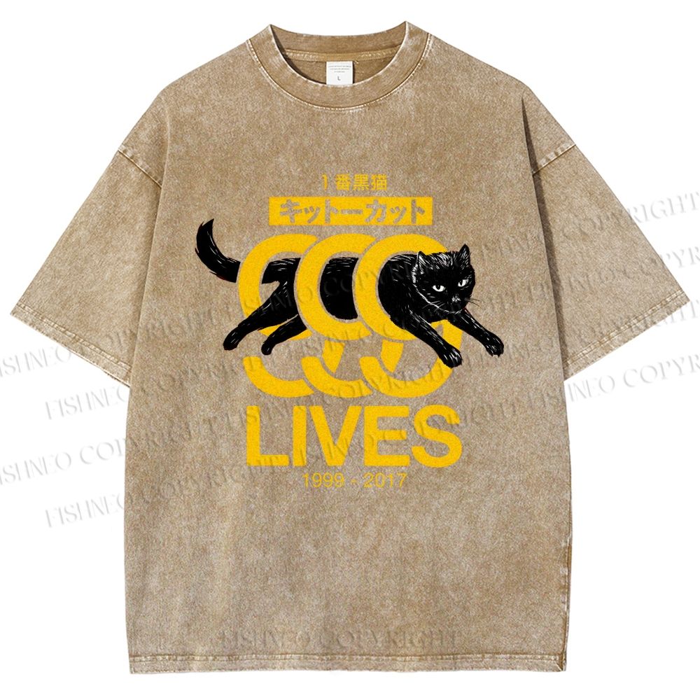Unisex Black Cat Printed Washed Tee