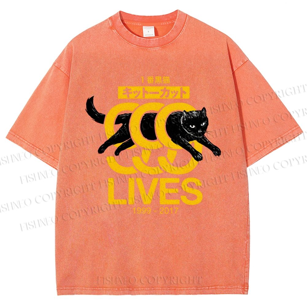 Unisex Black Cat Printed Washed Tee