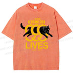 Unisex Black Cat Printed Washed Tee