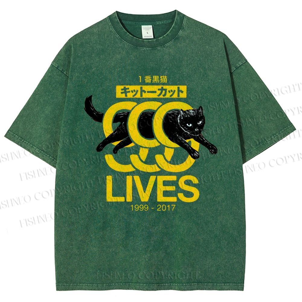 Unisex Black Cat Printed Washed Tee