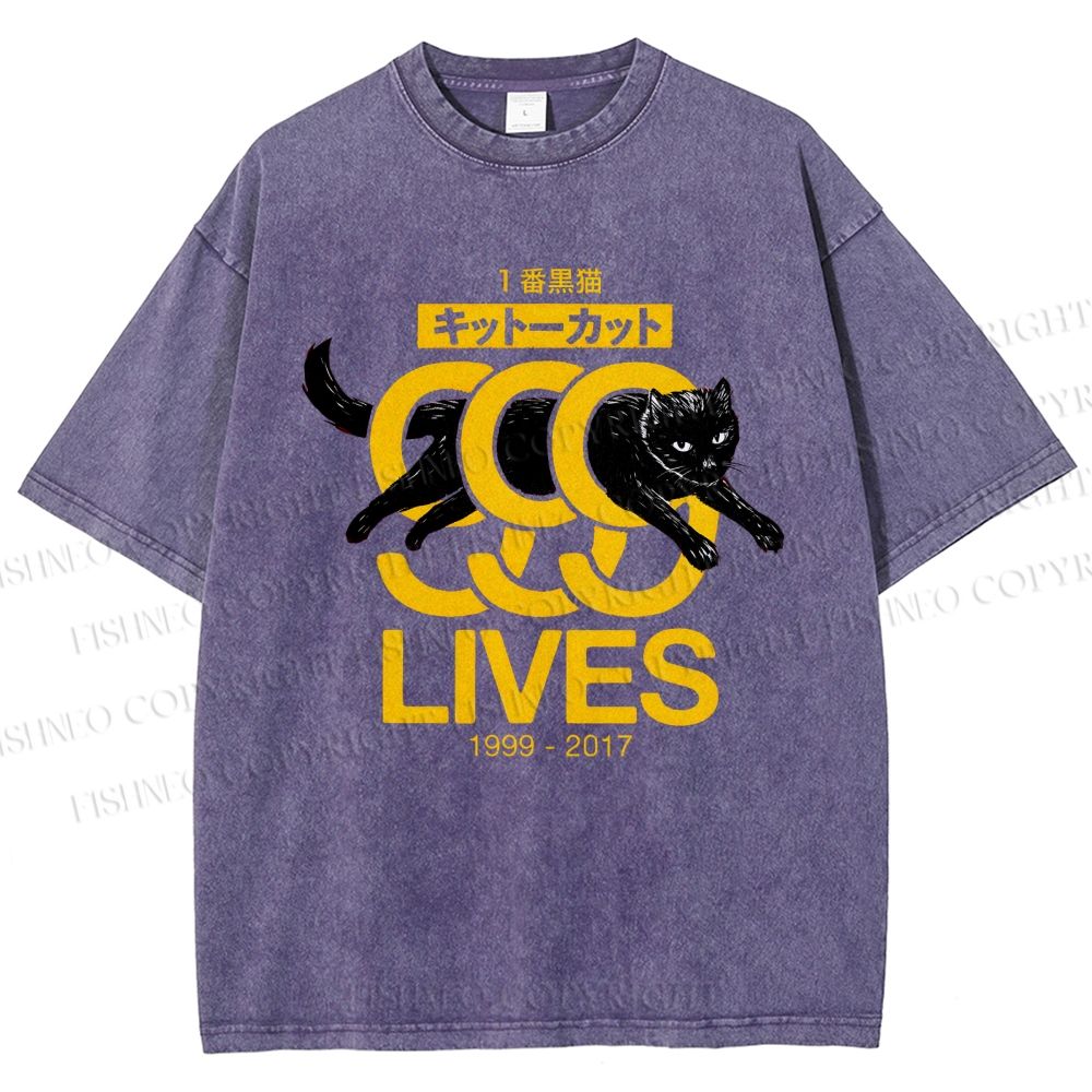 Unisex Black Cat Printed Washed Tee