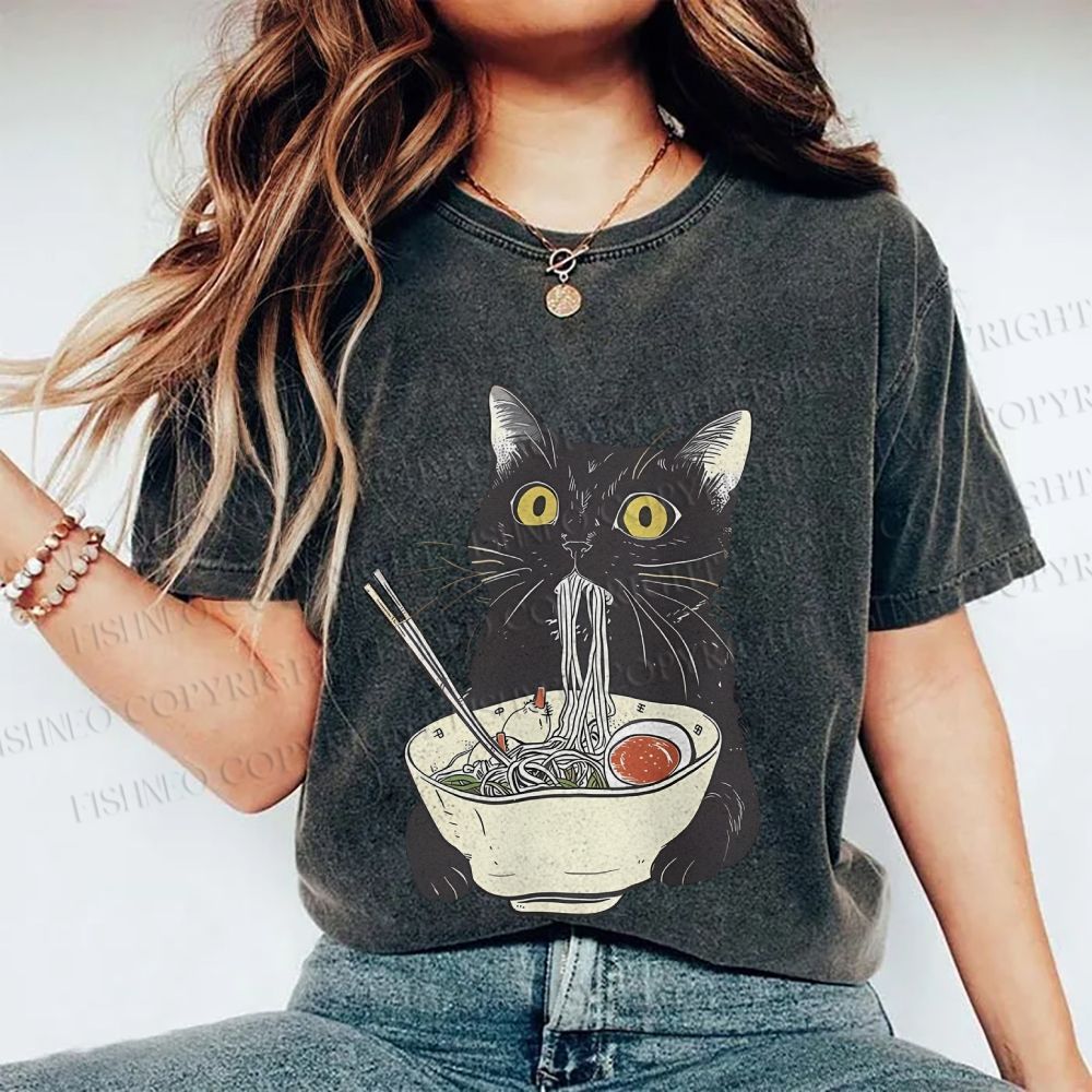 Unisex Vintage Cat Having Noodle Graffiti  Printed Washed Tee
