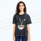 Unisex Vintage Cat Having Noodle Graffiti  Printed Washed Tee