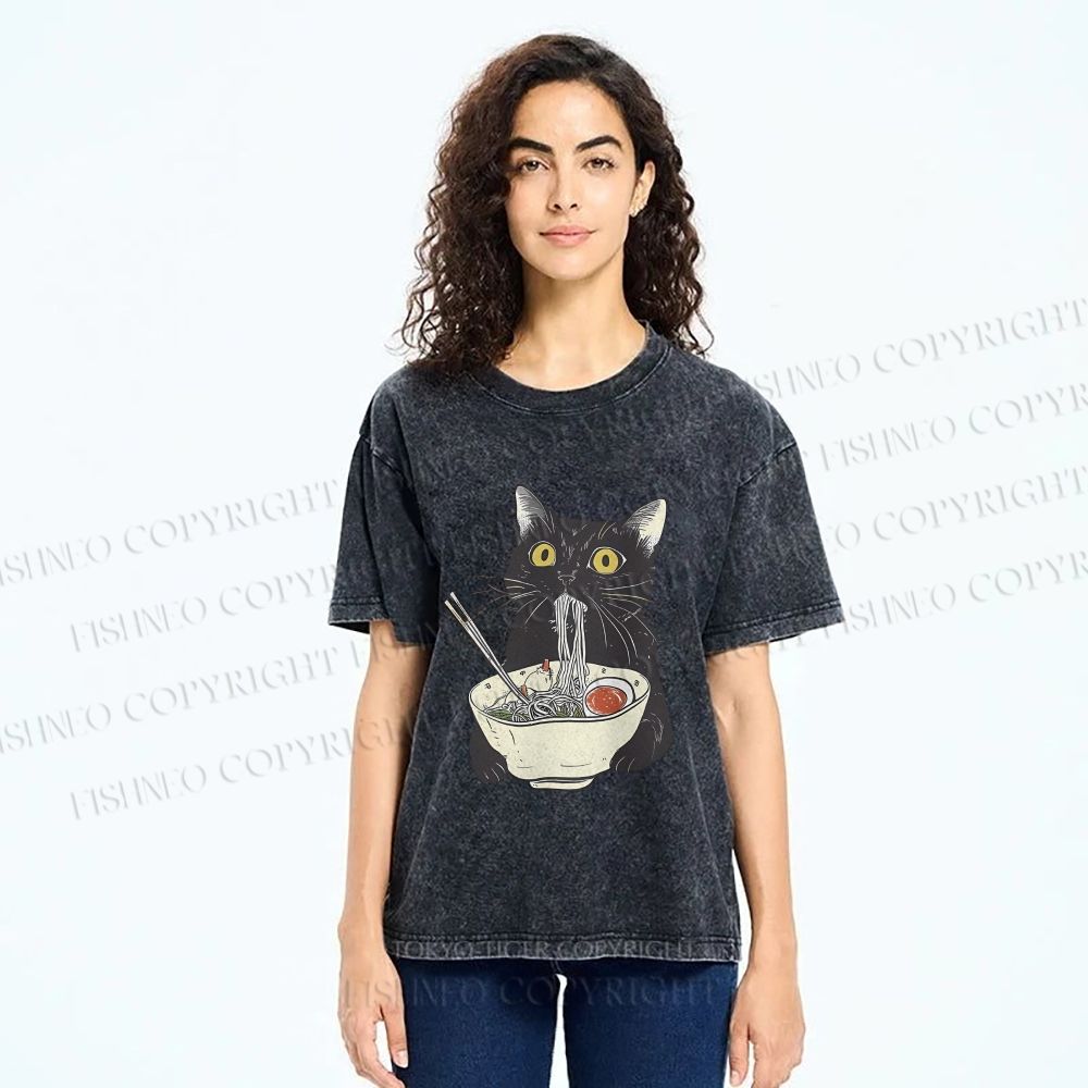 Unisex Vintage Cat Having Noodle Graffiti  Printed Washed Tee