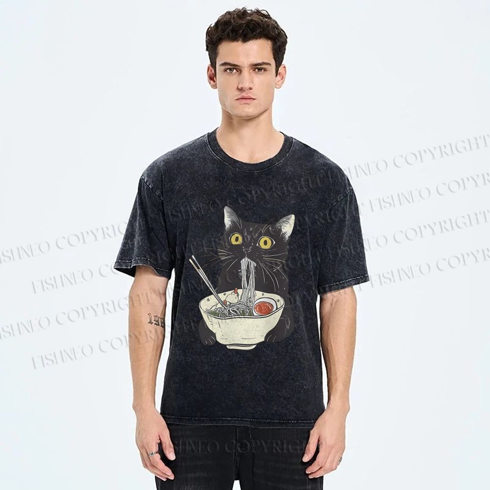 Unisex Vintage Cat Having Noodle Graffiti  Printed Washed Tee