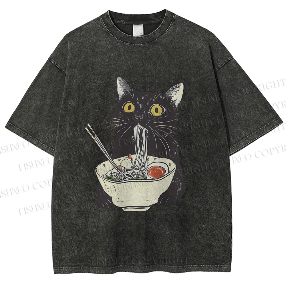 Unisex Vintage Cat Having Noodle Graffiti  Printed Washed Tee