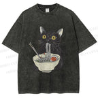 Unisex Vintage Cat Having Noodle Graffiti  Printed Washed Tee