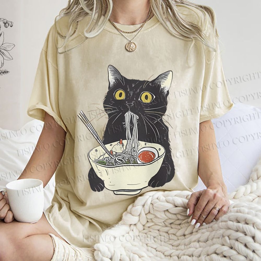 Unisex Vintage Cat Having Noodle Graffiti  Printed Washed Tee