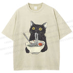 Unisex Vintage Cat Having Noodle Graffiti  Printed Washed Tee