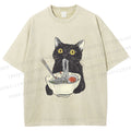 Unisex Vintage Cat Having Noodle Graffiti  Printed Washed Tee