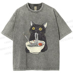 Unisex Vintage Cat Having Noodle Graffiti  Printed Washed Tee