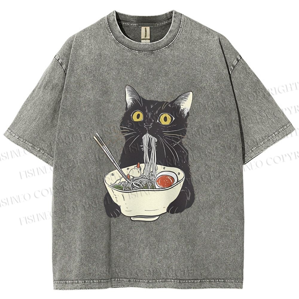 Unisex Vintage Cat Having Noodle Graffiti  Printed Washed Tee
