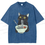 Unisex Vintage Cat Having Noodle Graffiti  Printed Washed Tee